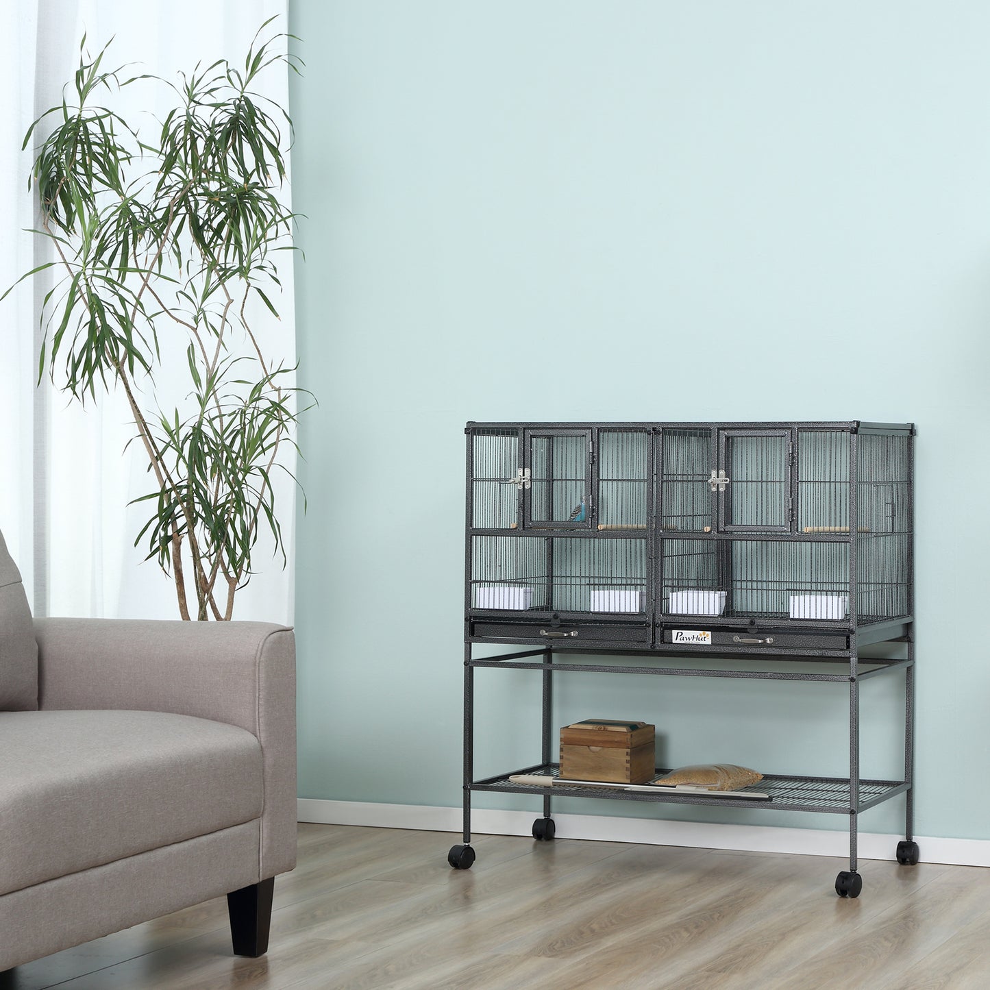 Vogelkooi – Vogelkastje – Vogelkooi Met Nestkast – Vogelnestkast – Vogelhuisje – Stevig Metalen Frame – Ruim 95x45,5x102 cm – Zwart Grijs