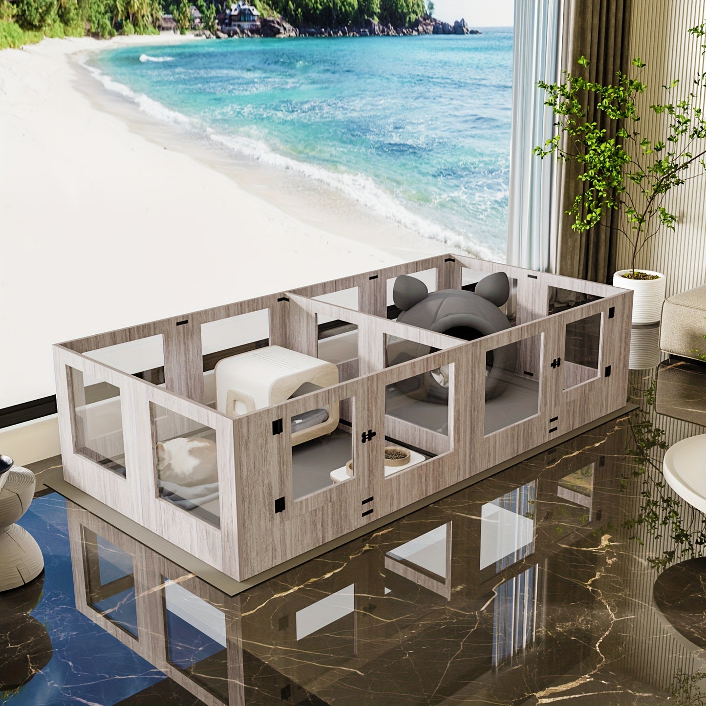 Hondenren – Hondenkennel – Werpkist – Puppyren – Binnenren – Gehard Glas – Transparante Acryl Panelen – 14 Panelen Modulair – Beschermrand Tegen Knellen – 3 Toegangsdeuren – Houten Frame – Veilig & Duurzaam