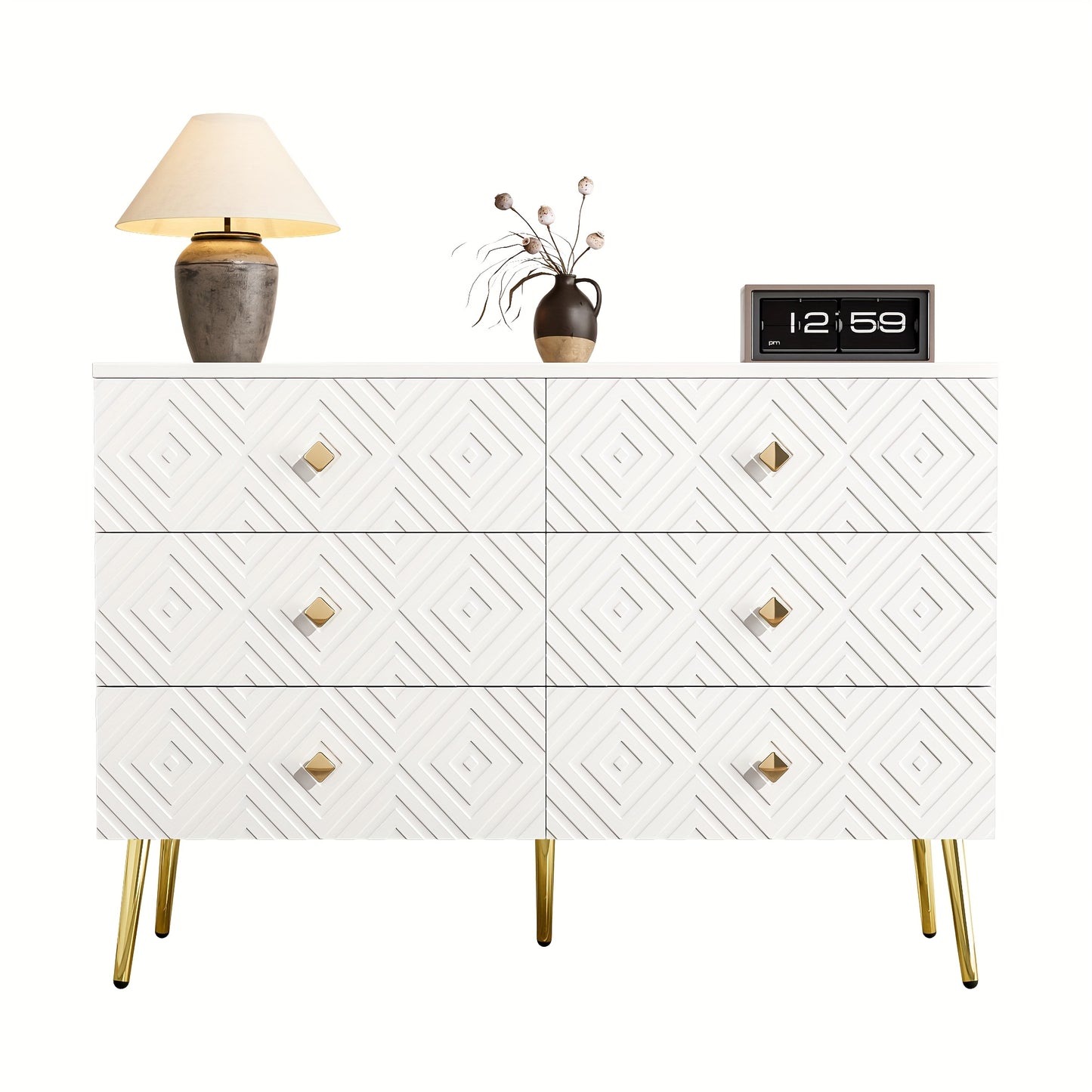 Modern Chest Of Six Drawers - 120x40x80 Cm - Elegant White With Golden - Perfect For The Bedroom And Living Room, Storage Drawer Units