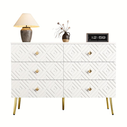 Modern Chest Of Six Drawers - 120x40x80 Cm - Elegant White With Golden - Perfect For The Bedroom And Living Room, Storage Drawer Units