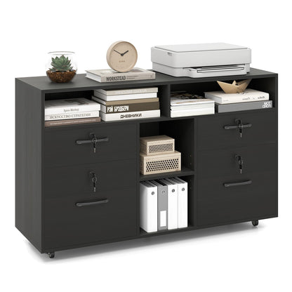 Rollende Opbergkast – Mobiele Ladenkast – Office Organizer – Printerstandaard – Rolcontainer – 4 Lade Met Slot – Verstelbare Plank – Zwart