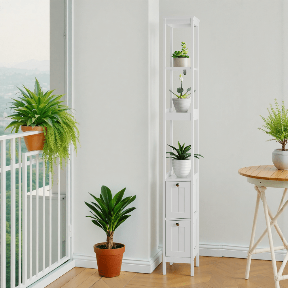 Badkamerkast – Smalle Kolomkast – Vrijstaande Kast – Opbergkast – Wastafelonderkast – Hoogte 160 cm – MDF Materiaal – 2 Laden en 3 Open Planken – Wit