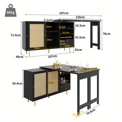 Modern Black Metal Storage Island with 360° Rotating Tabletop, Extendable Design, Wicker Doors & Open Shelves - 107 x 40 x 71.4cm, Perfect for Kitchen and Dining Room Organization, Kitchen Storage Solution | Sleek Metallic F