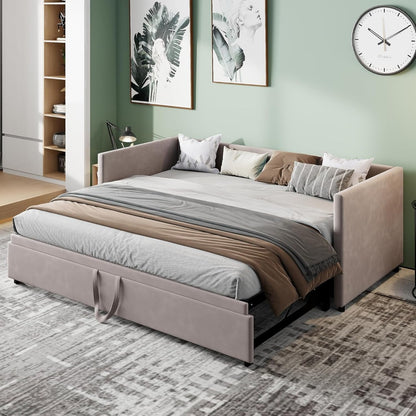 Uitschuifbaar Fluwelen Sofa Bed – Bedbank – Dagbed – Slaapbank – Slaapbed – Grijs – 90/180x200 cm – Met Slatted Frame – Opbergfunctie