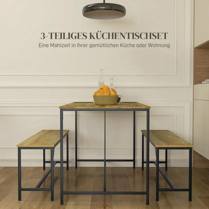 Eettafelset – Eettafel – Eetkamer Tafel – Keukentafel – Zitgroep – Stijlvol Ontwerp – MDF En Massief Hout – 4 Personen – Met 2 Banken