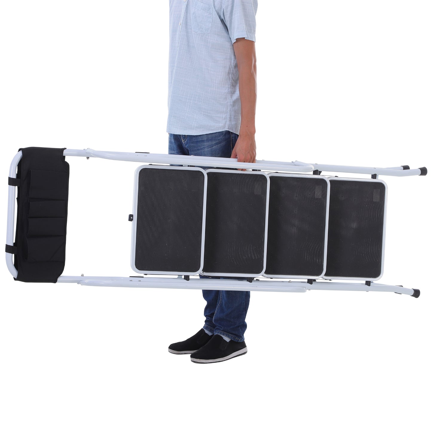 Opvouwbare Trap – Klimmiddel – Steiger – Werksteiger – Plofkraan – Stalen Frame – 4 XL Antislip Treden – Dubbele Handgrepen – Max 1,55 m Hoogte – Inclusief Gereedschapszak – Wit/Zwart
