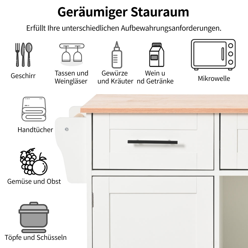 White Metal Storage Island Trolley with Foldable Worktop & Adjustable Shelves - Mobile Kitchen Cart with Casters, Dish Cabinet Doors, Towel Rack & Interchangeable Feet - Space-Saving Rolling Cabinet for Small Kitchens, Dining