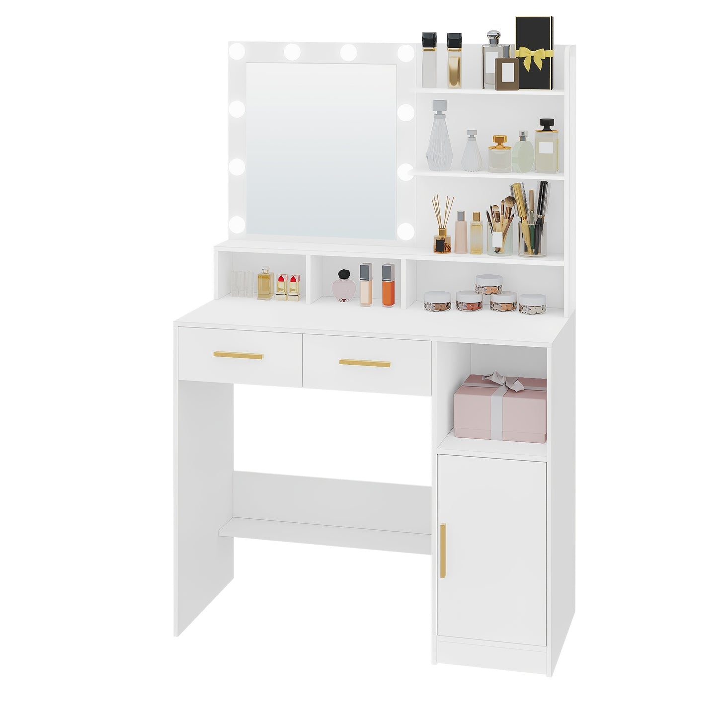 Kaptafel – Make-uptafel – Visagiekast – Beautytafel – Make-upmeubel – Verstelbare LED-verlichting – Ruime Opbergruimte met Lades en Kastje – Wit