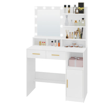 Kaptafel – Make-uptafel – Visagiekast – Beautytafel – Make-upmeubel – Verstelbare LED-verlichting – Ruime Opbergruimte met Lades en Kastje – Wit