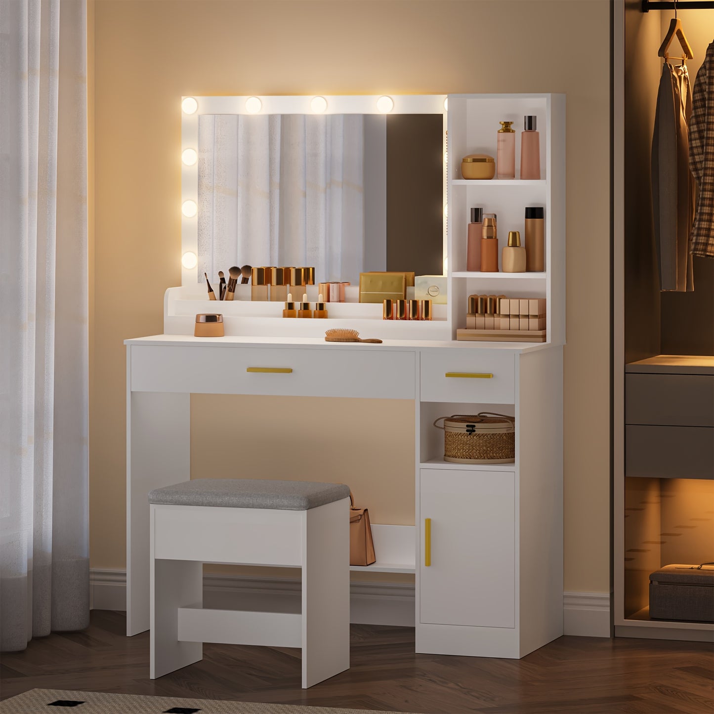 Kaptafel – Make-up Tafel – Cosmeticatafel – Opmaaktafel – Meubel – Grote HD Spiegel – 11 LED Verlichting Met Dimbare Driekleurige Lichtstanden – 5 Laden & 2 Kastjes – Wit – 40x108x149 cm