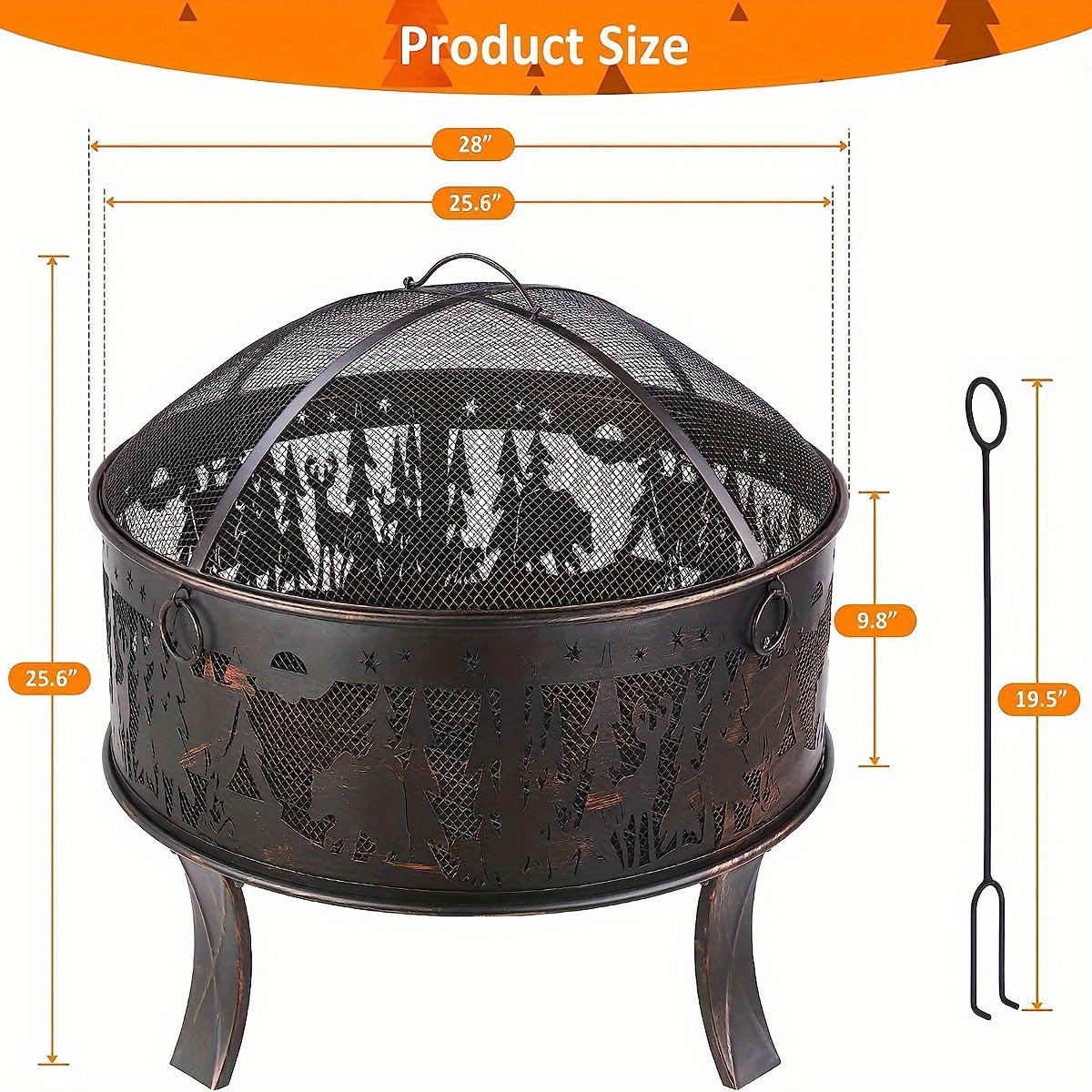 Vuurkorf – Tuinhaard – Terrashaard – Kampvuurkorf – Buitenhaard – Vintage Stijl – Elandpatroon – Duurzaam IJzer – Inclusief Vonkenscherm – 71x65 cm