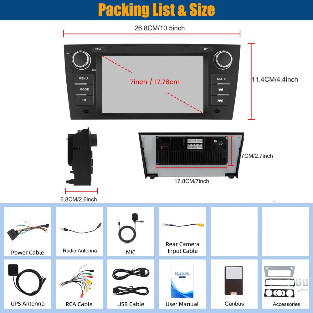 PODOFO [8Core 6G+128G] Android 15 7-inch for BMW 3 Series E90 2005-2012 Onwards, Wireless Carplay/ Android Auto, Android EQ AI DSP/ GPS/ WiFi/ B/ T5.0/ FM/ Mirror Link+Mic, Merry Christmas Gifts, Black Friday Gifts, Smart Car