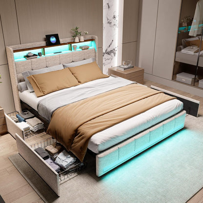 Tweepersoonsbed – Opbergbed – Linnen Bed – Led Bed – Gestoffeerd Bed – 160x200 cm – USB- en Type-C Oplaadpoorten – 4 Opberglades met Wieltjes