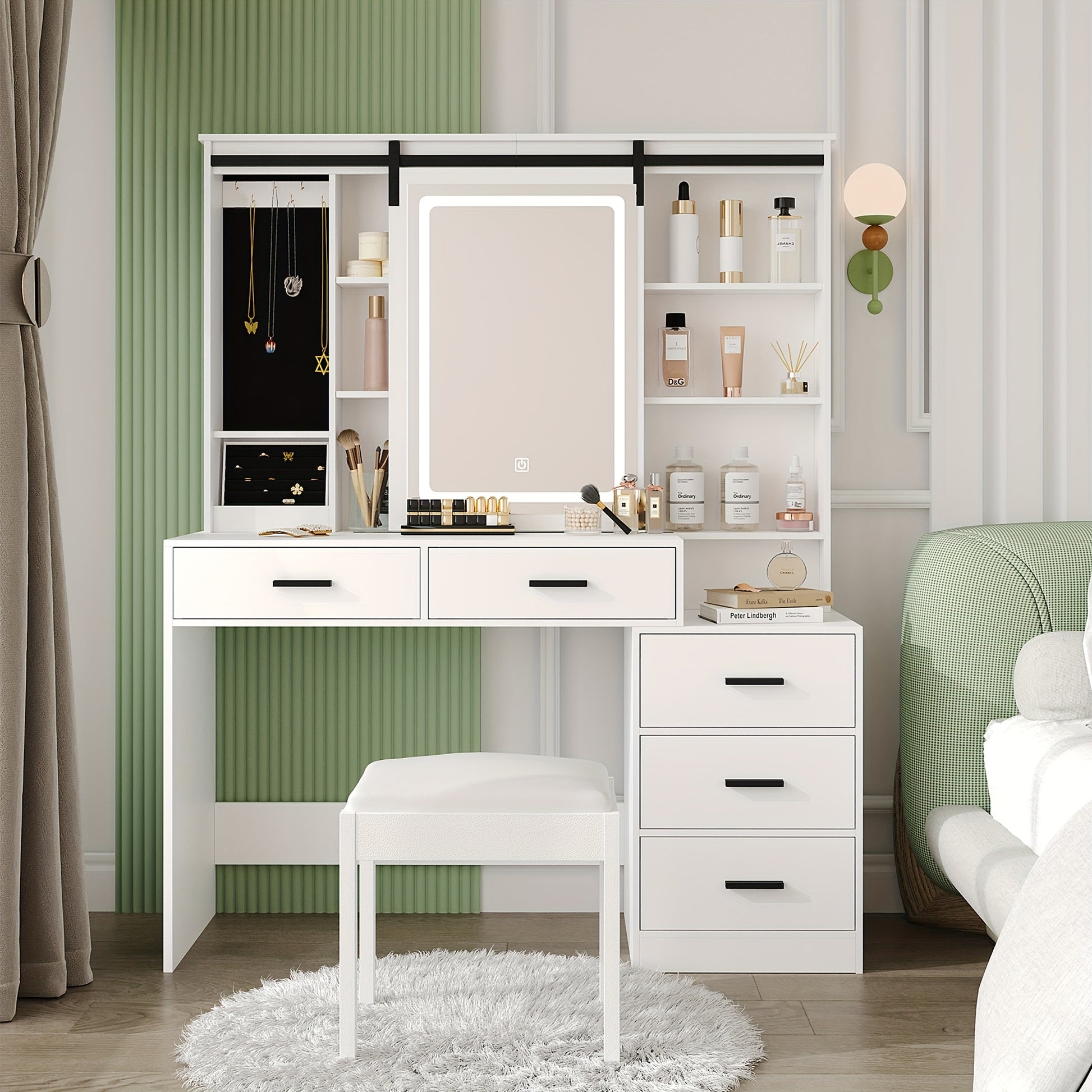 Jewelry Cabinet, Dressing Table with Adjustable LED Lights, Accessory Storage, Removable Large Mirror, with Jewellery Storage, Open Shelves, 5 Drawers, with Beside Table, for Bedroom, White, Jewelry Armoires, Mirror With Jewe - QUORE