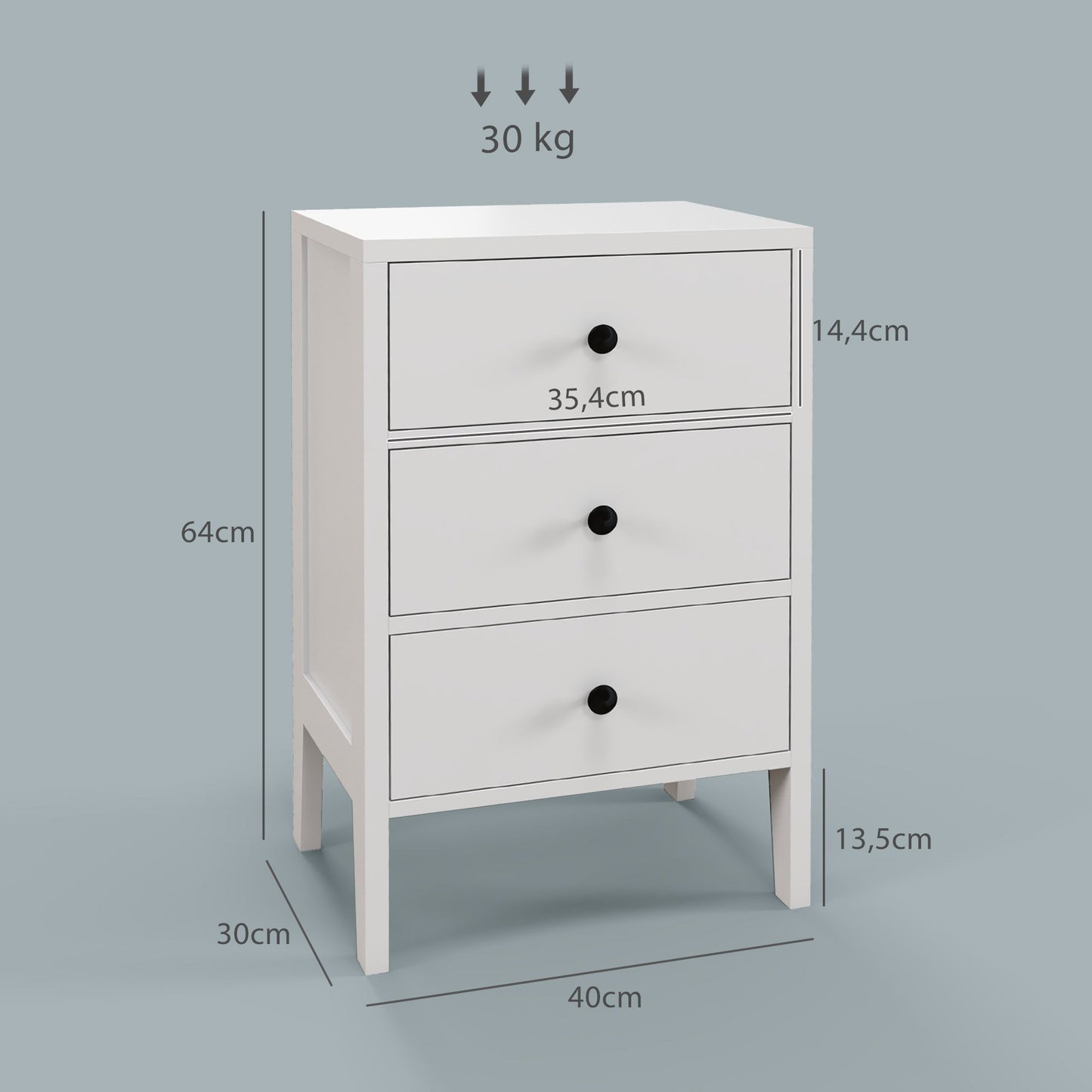 Nachtkastje – Bedtafel – Bijzettafel – Nachtkast – Dressoir – 2 Stuks Met 3 Lades – Wit Hout – Compact 40x30x64 cm