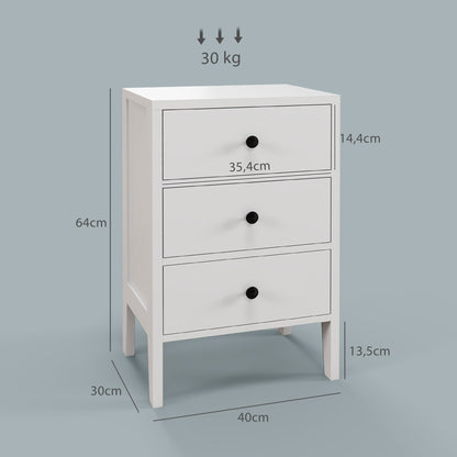 Nachtkastje – Bedtafel – Bijzettafel – Nachtkast – Dressoir – 2 Stuks Met 3 Lades – Wit Hout – Compact 40x30x64 cm