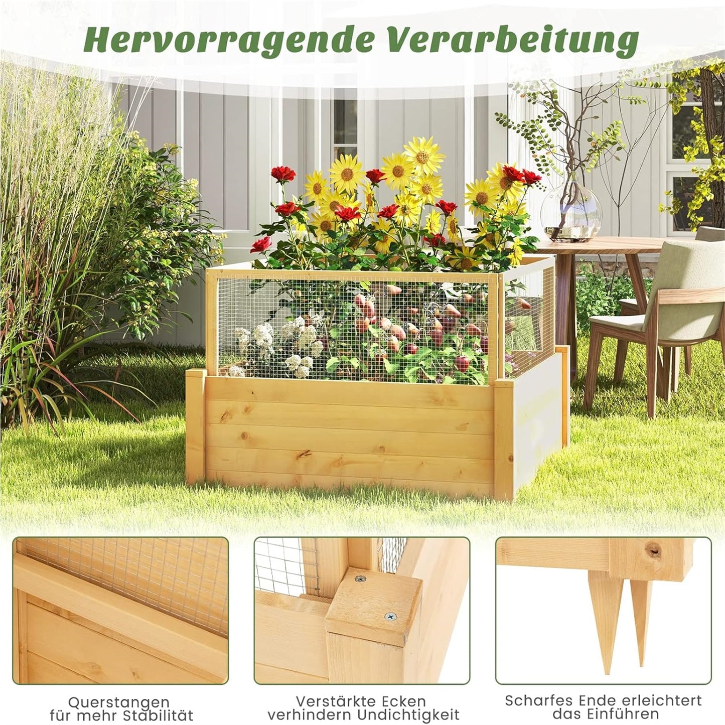 Houten Hoogtebak – Verhoogde Plantbak – Tuinbak Met Omheining – Plantenbak Voor Kruiden – Groentebak – 107x107x70 cm – 9 Plantvakken – Weerbestendig Natuurlijk Hout