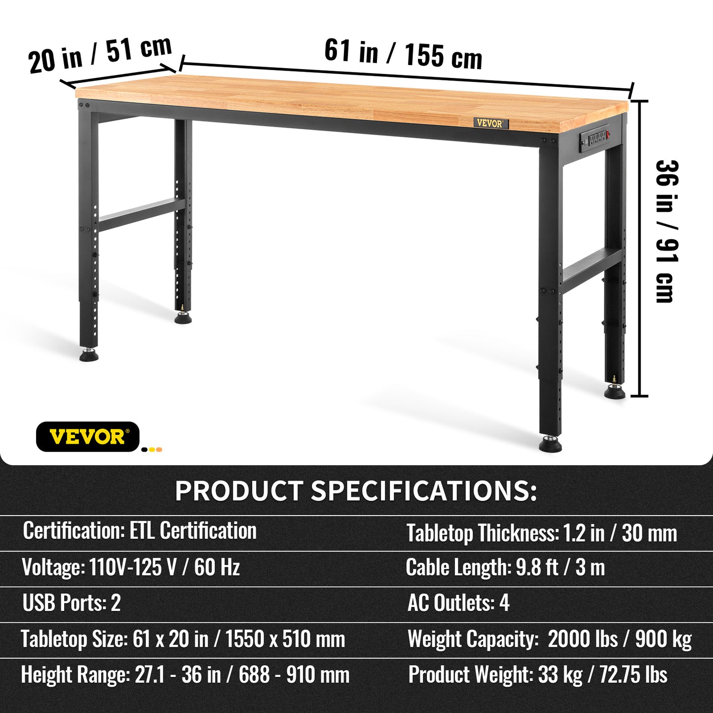 Verstelbare Werkbank – Werktafel – Klusbank – Montagebank – Werkstation – 155 x 50 cm – Massief Hardhout – Ingebouwde Stopcontacten en USB-poorten