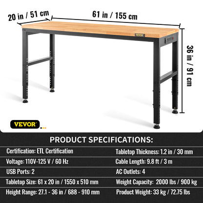 Verstelbare Werkbank – Werktafel – Klusbank – Montagebank – Werkstation – 155 x 50 cm – Massief Hardhout – Ingebouwde Stopcontacten en USB-poorten
