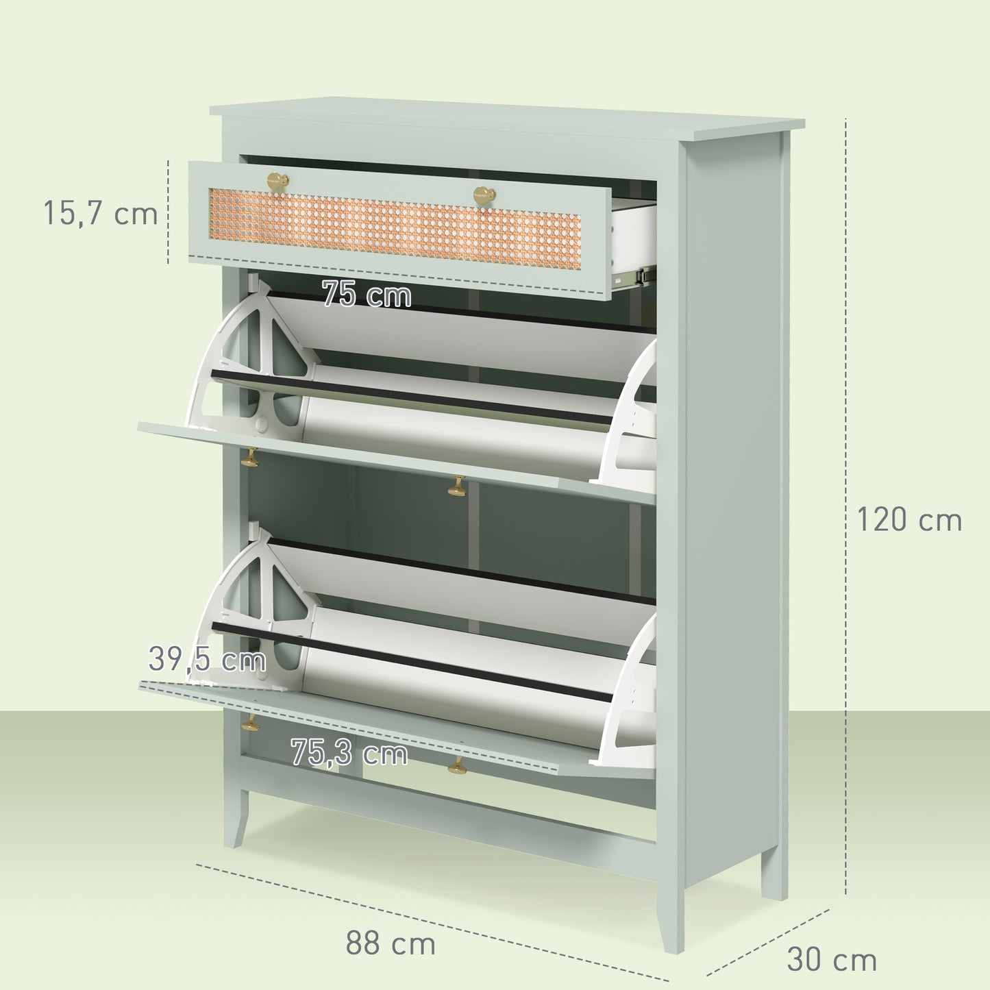Schoenenkast – Schoenenrek – Schoenopberger – Schoenendisplay – Schoenmeubel – Voor 12 Paar Schoenen – Uittrekbare Lade & Draaideurtjes – Compact Groen Design