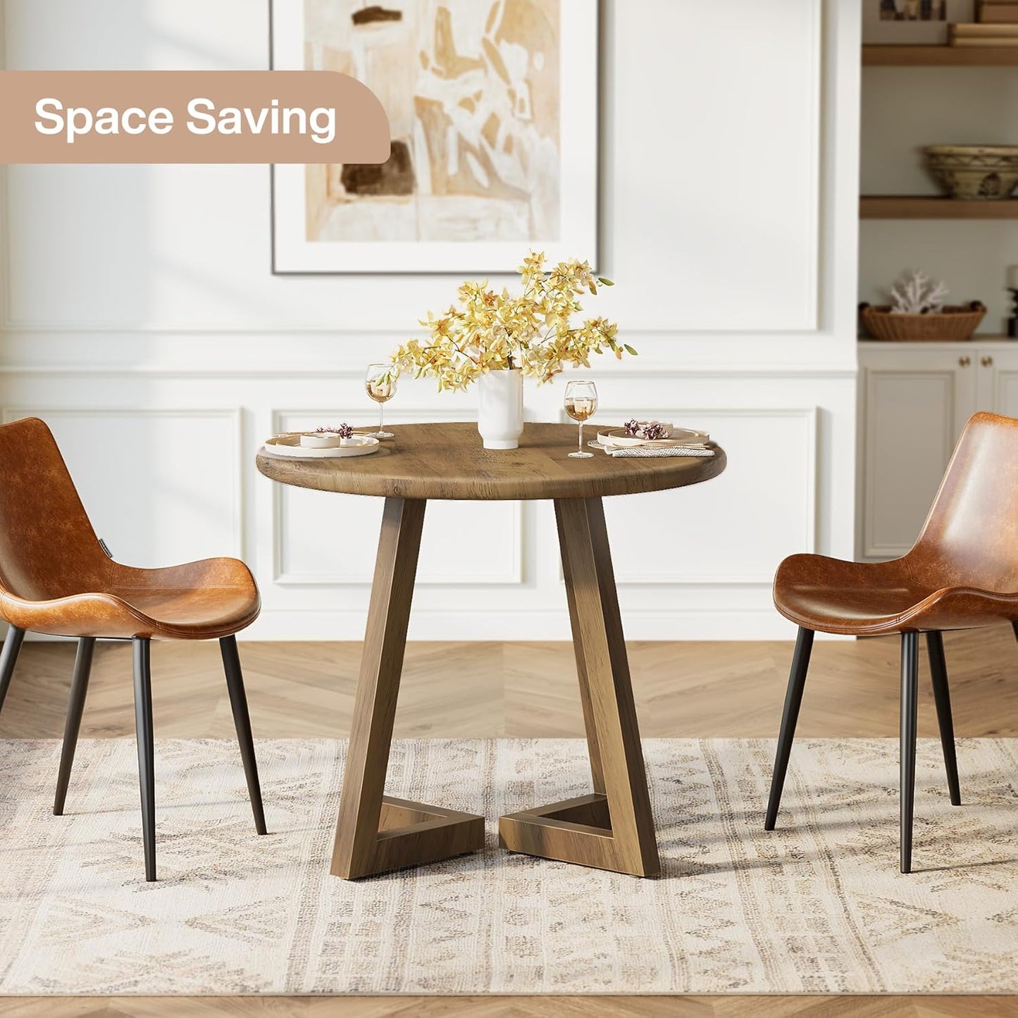 Ronde Eettafel – Kleine Tafel – Keukentafel – Ontbijttafel – Tafeltje – MDF Houtnerf – 80 cm Diameter – Geschikt Voor 2-4 Personen – Verstelbare Voetjes – Bruin