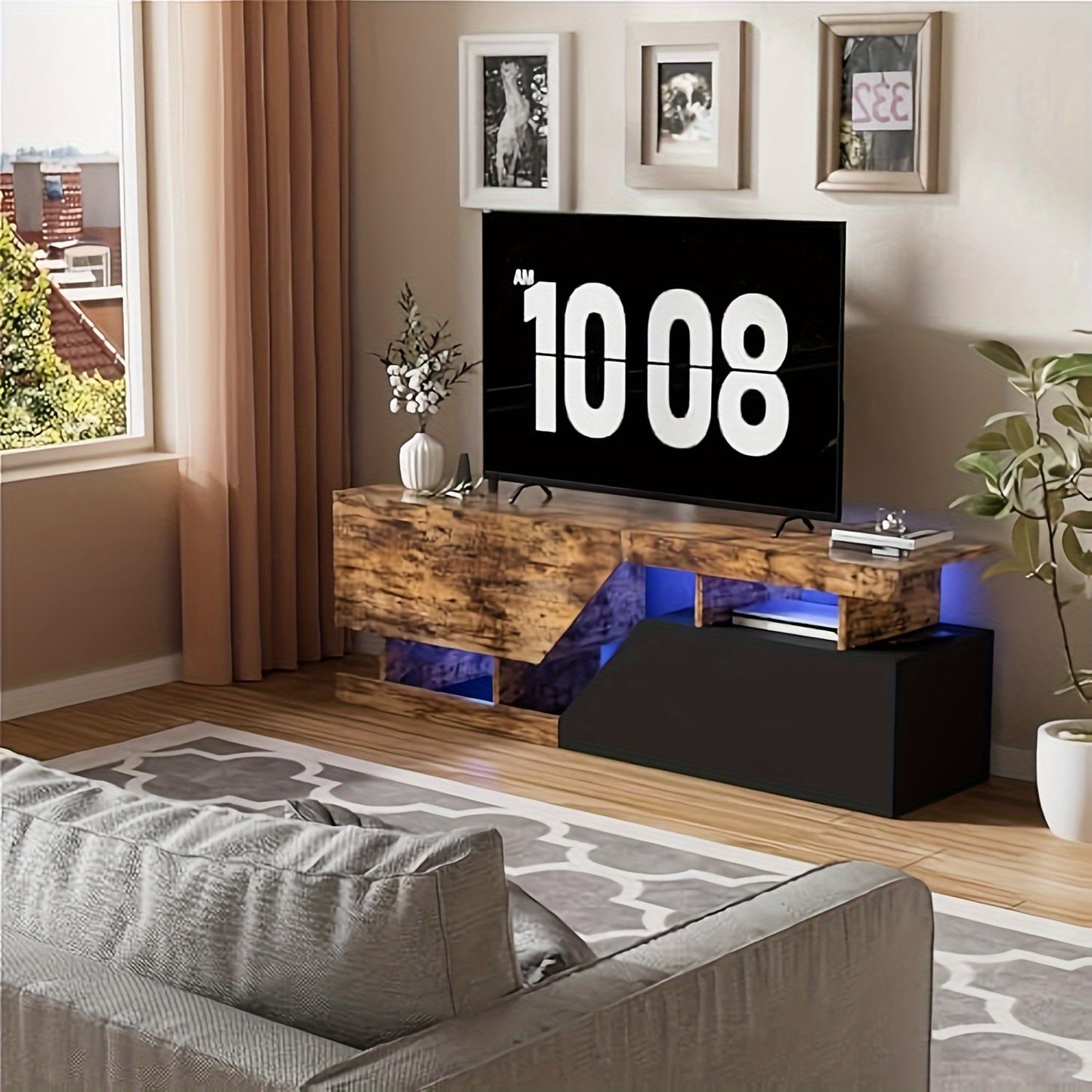 TV stand suitable for TVs under 65 inches, 140cm long, with 2 drawers, 1 open compartment, 35 x 140 x 45cm, living room, retro brown/black
