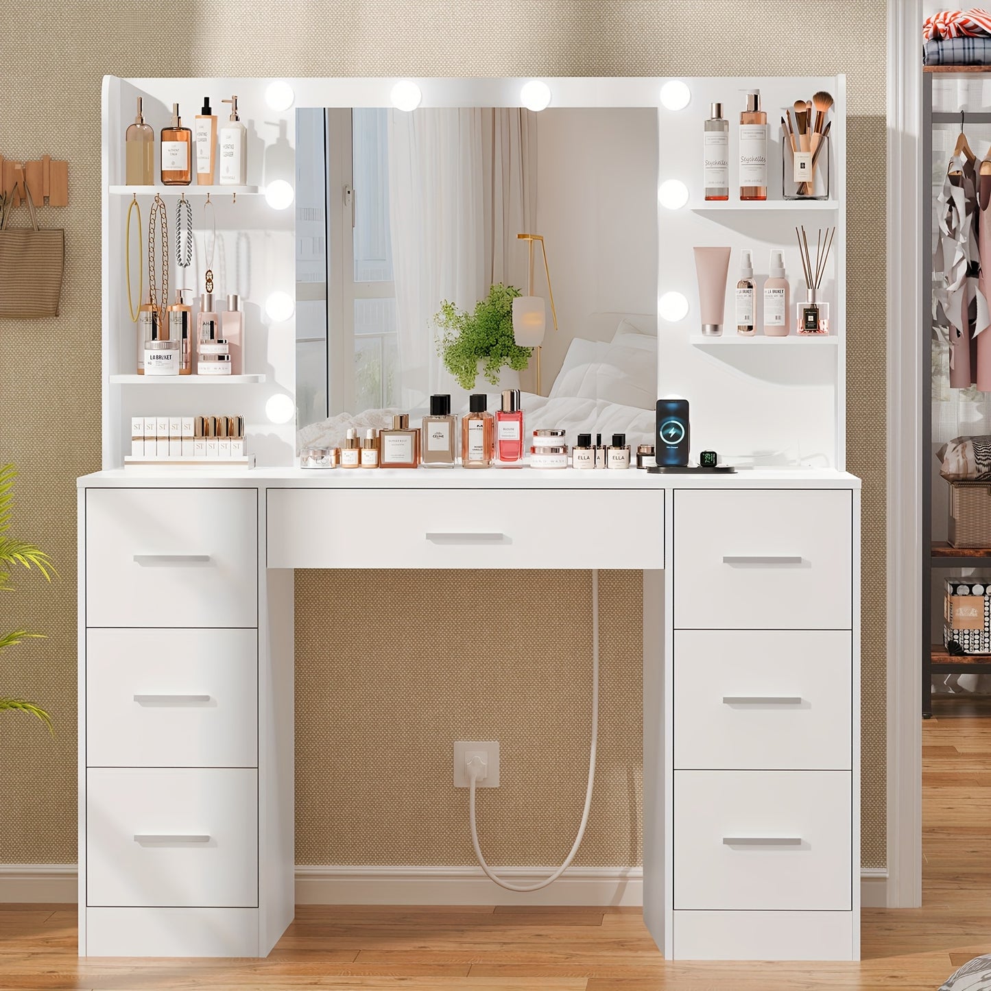 Vanity Dressing Table – Make-up Tafel – Dressing Table Met Spiegel – Make-up Spiegel – Dressing Table – Wit – Grote LED Spiegel – 7 Lades Met Stopcontact
