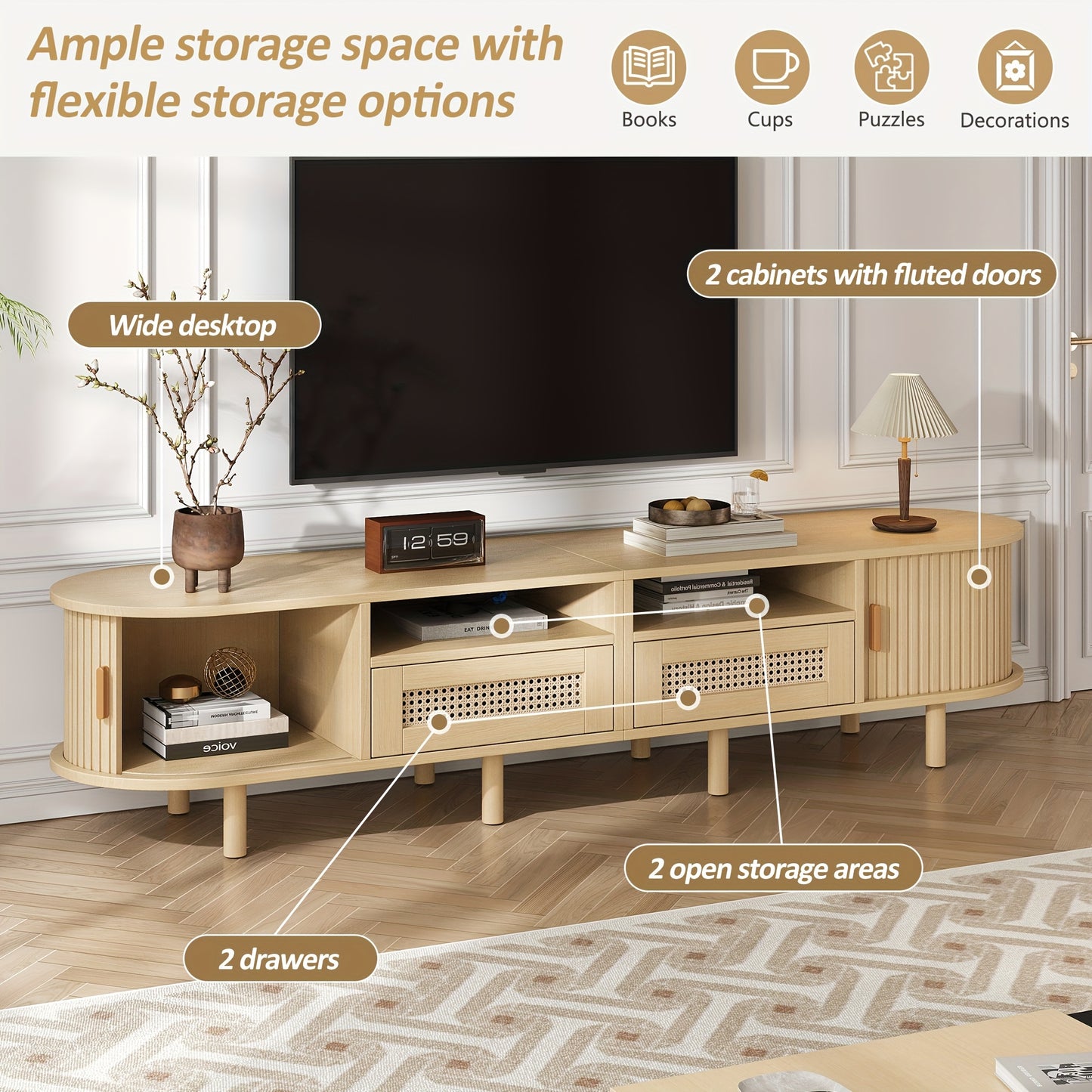 Tv-Meubel – Tv-Kast – Tv-Tafel – Dressoir – Media-Kast – Ovaal Design – 170x40x40 cm – 2 Rieten Lades & 2 Schuifdeuren – Geschikt Voor Tv Tot 70 Inch – Lichtgewicht Houtkleur