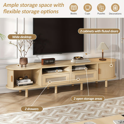 Tv-Meubel – Tv-Kast – Tv-Tafel – Dressoir – Media-Kast – Ovaal Design – 170x40x40 cm – 2 Rieten Lades & 2 Schuifdeuren – Geschikt Voor Tv Tot 70 Inch – Lichtgewicht Houtkleur