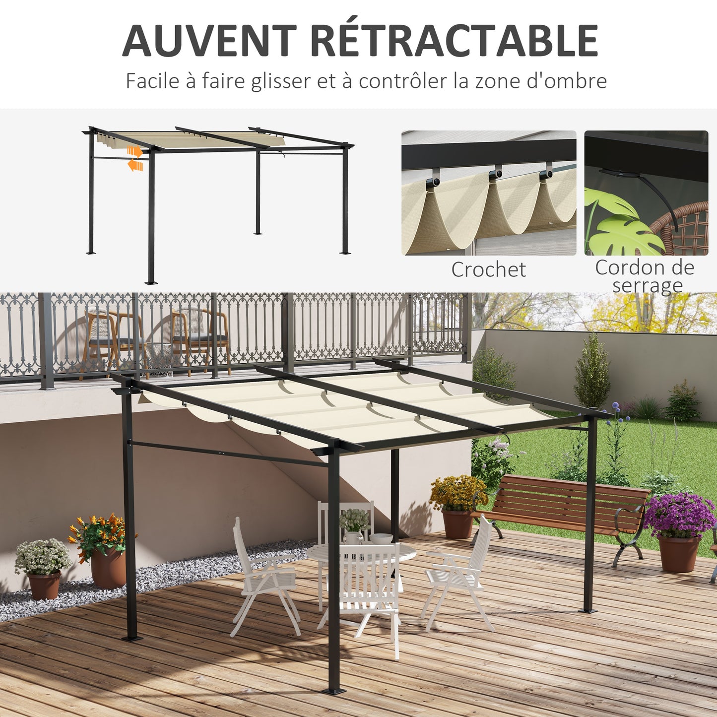 Pergola – Tuinpaviljoen – Terrasoverkapping – Prieel – Zonneluifel – Uitschuifbaar Dak – Metalen Frame Epoxy Coating – Polyester Doek 180 g/m² Beige 4x3 m