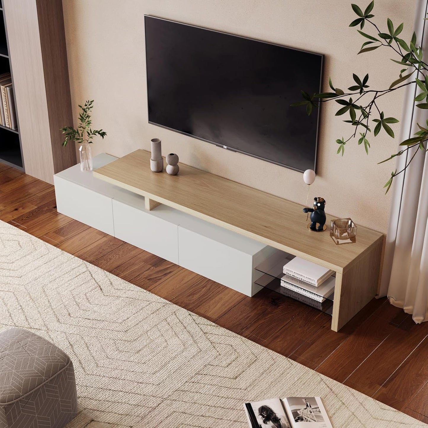 TV-Meubel – TV-Kast – TV-Standaard – TV-Lowboard – Entertainmentmeubel – 200 x 39 x 42 cm – Drie lades en instelbare LED-achtergrondverlichting