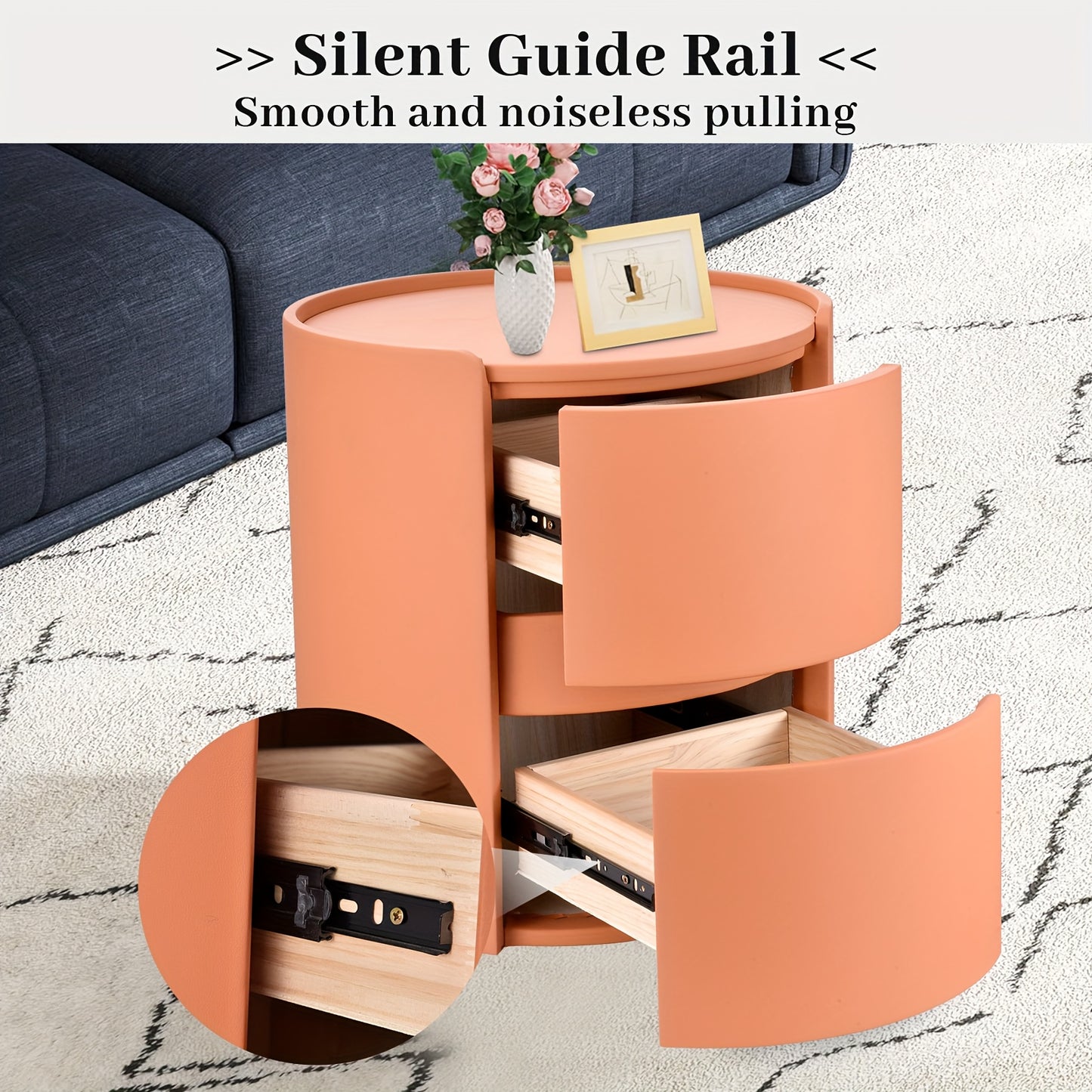 Ronde Nachtkastje – Modern Nachtkastje – Minimalistisch Nachtkastje – Houten Nachtkastje – Compact Nachtkastje – 2-Laden Opbergruimte – 45x45x50 cm – Duurzame Lederen Bovenkant