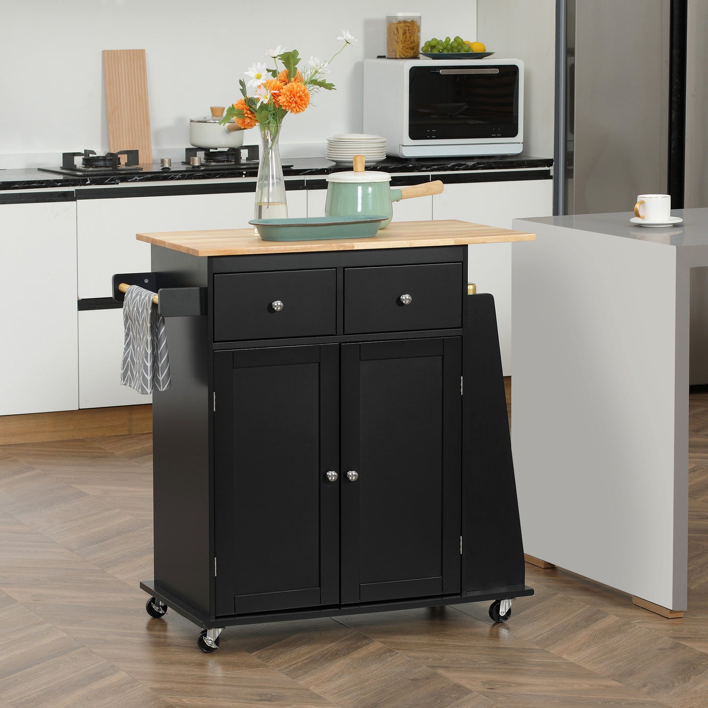 Keukeneiland – Keukentrolley – Serveerwagen – Buffetkast – Keukenkast – Bicolor Zwart-Beukenhout – Verstelbare Plank – Wielen Met Remmen