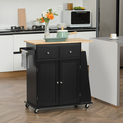 Keukeneiland – Keukentrolley – Serveerwagen – Buffetkast – Keukenkast – Bicolor Zwart-Beukenhout – Verstelbare Plank – Wielen Met Remmen