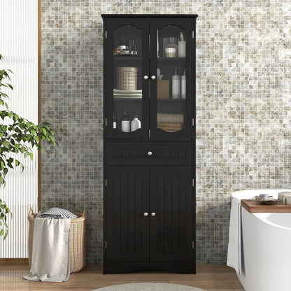 Badkamerkast – Badkamermeubel – Kolomkast – Opbergkast – Wastafelonderkast – MDF Met Gehard Glas – 160 cm Hoog – Zwarte Afwerking