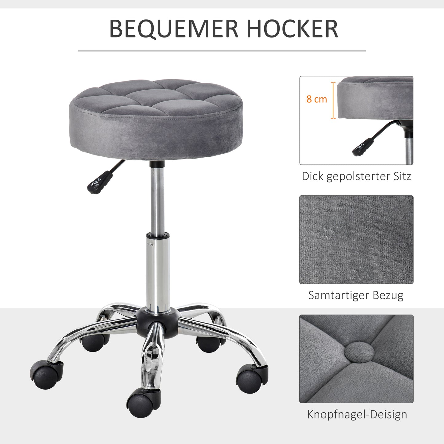Krukje – Salonstoel – Draaikruk – Zwenkkruk – Werkkruk – Verstelbare Zithoogte – Velvet Touch Schuim – Chroom Onderstel – Lichtgrijs – 35 x 35 cm