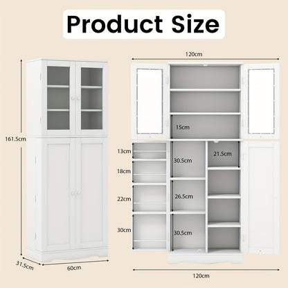 Keukenkast – Keukenbuffet – Opbergkast – Dressoir – Vrijstaand – Wit – 2 Deuren – 14 Planken – MDF En Veiligheidsglas – Compact 60x31,5x161,5 cm