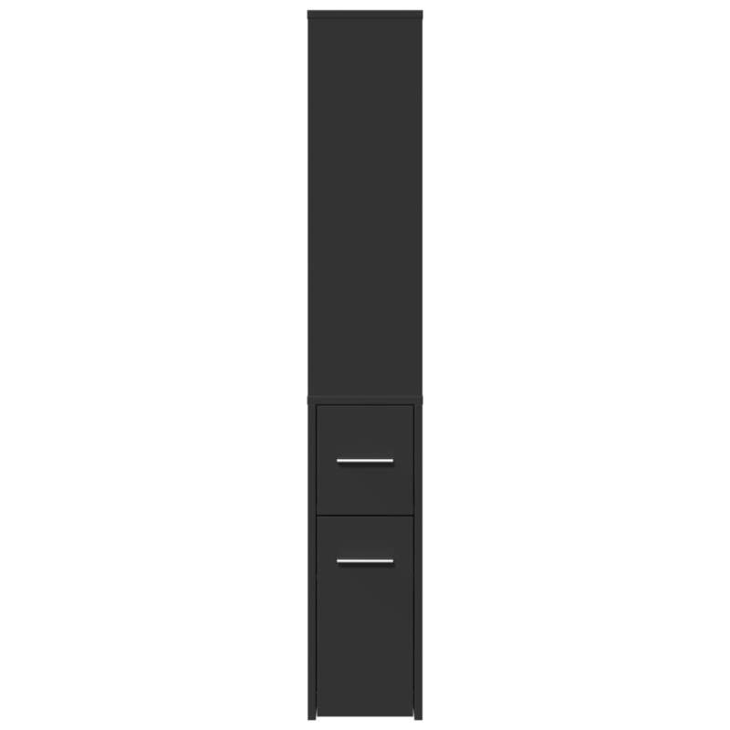 Badkamerkast – Badkamermeubel – Opbergkast – Kolomkast – Opbergmeubel – Smal – Op Wieltjes – Hoogwaardig Hout – 2 Lades & Open Plank – Zwart