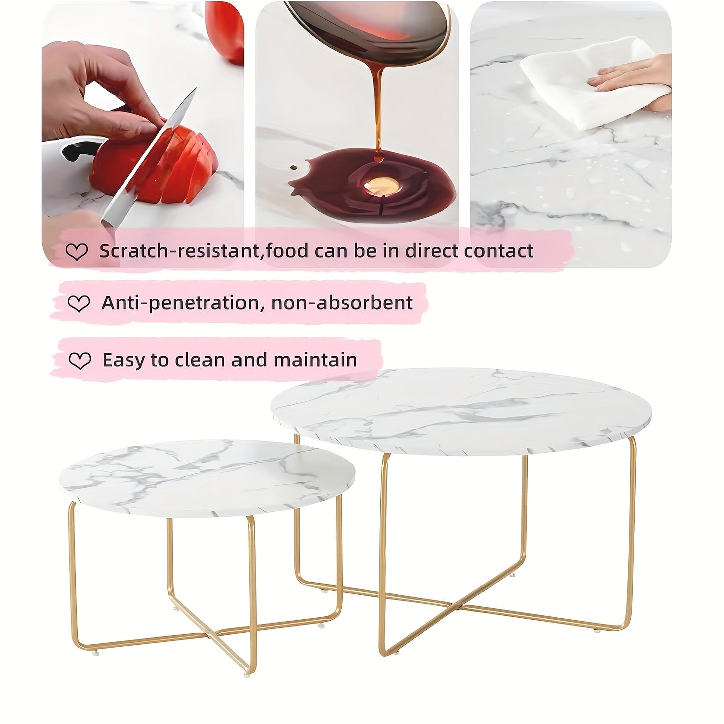 Ronde Salontafel – Bijzettafel – Koffietafel – Woonkamertafel – Tafeltjes Set – Wit Marmerlook – Goud Metaal – Makkelijk Schoon Te Maken – Multifunctioneel