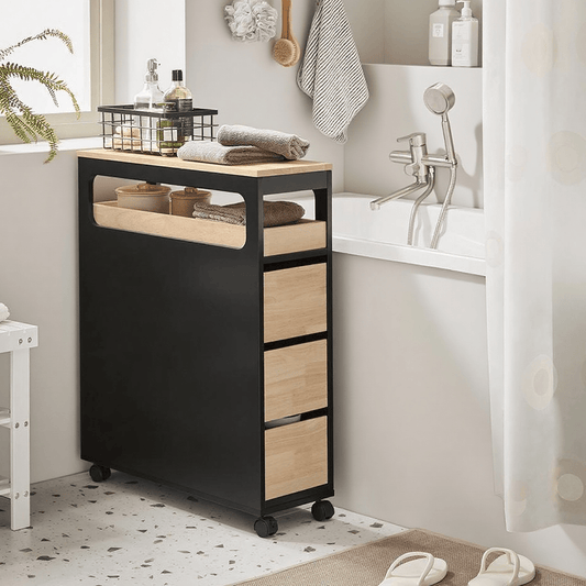 Badkamerkast – Opbergkast – Kolomkast – WC Kastje – Smalle Kast – Compact 24x65x82 cm – MDF met Houtlook – Verrijdbaar met 3 Laden en Uitneembare Plank
