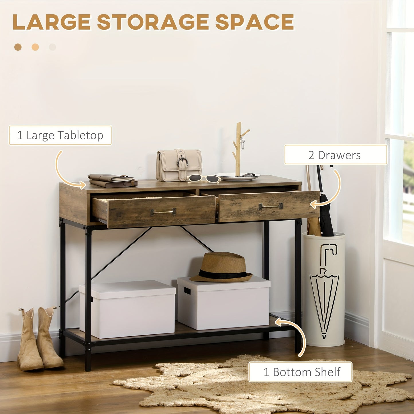 Sidetable – Consoletafel – Haltafel – Wandtafel – Dressoir – Vintage Bruin Zwart – 2 Lades En Onderplank – Compact 100x35x76,5 cm