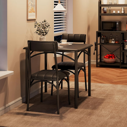 Eettafelset – Dinerset – Tafel Met Stoelen – Eettafel Met Stoelen – Compacte Eetset – Industrieel Design – Matzwart MDF Tafelblad – Gestoffeerde Slat-back Stoelen