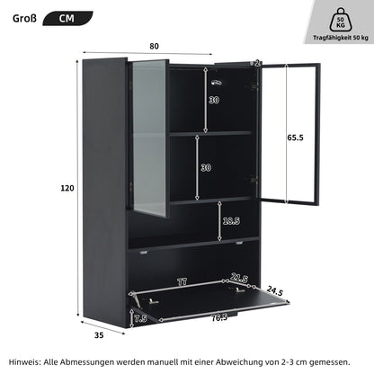 Zijboard – Dressoir – Opbergkast – Vitrinekast – Kast – Mat Zwart – 120 cm Hoogte – Glazen Deuren & Klapdeuren