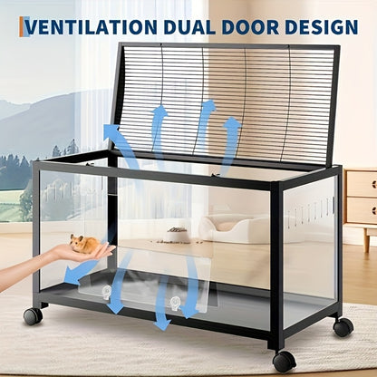 360° View Transparent Hamster Cage - with Front Door & Ventilated Roof, Clear Viewing Habitat, Heavy-Duty Construction, Cage with Wheels for Hamsters, Rats, Guinea Pigs - Easy-Clean Small Pet House, Mobile Animal Enclosure