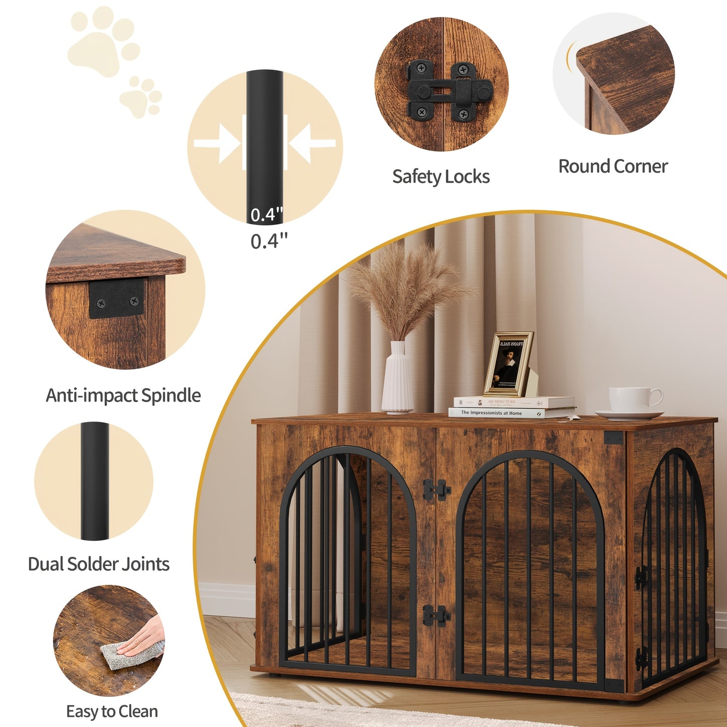 Modern & Black Dog Crate Furniture with 3-Arched Doors & Side Table - Sturdy Iron Construction, Spacious 100x60x63cm Indoor Kennel for Large Dogs, Durable Pet House with Storage Shelf, Decorative & Functional Design for Home - QUORE