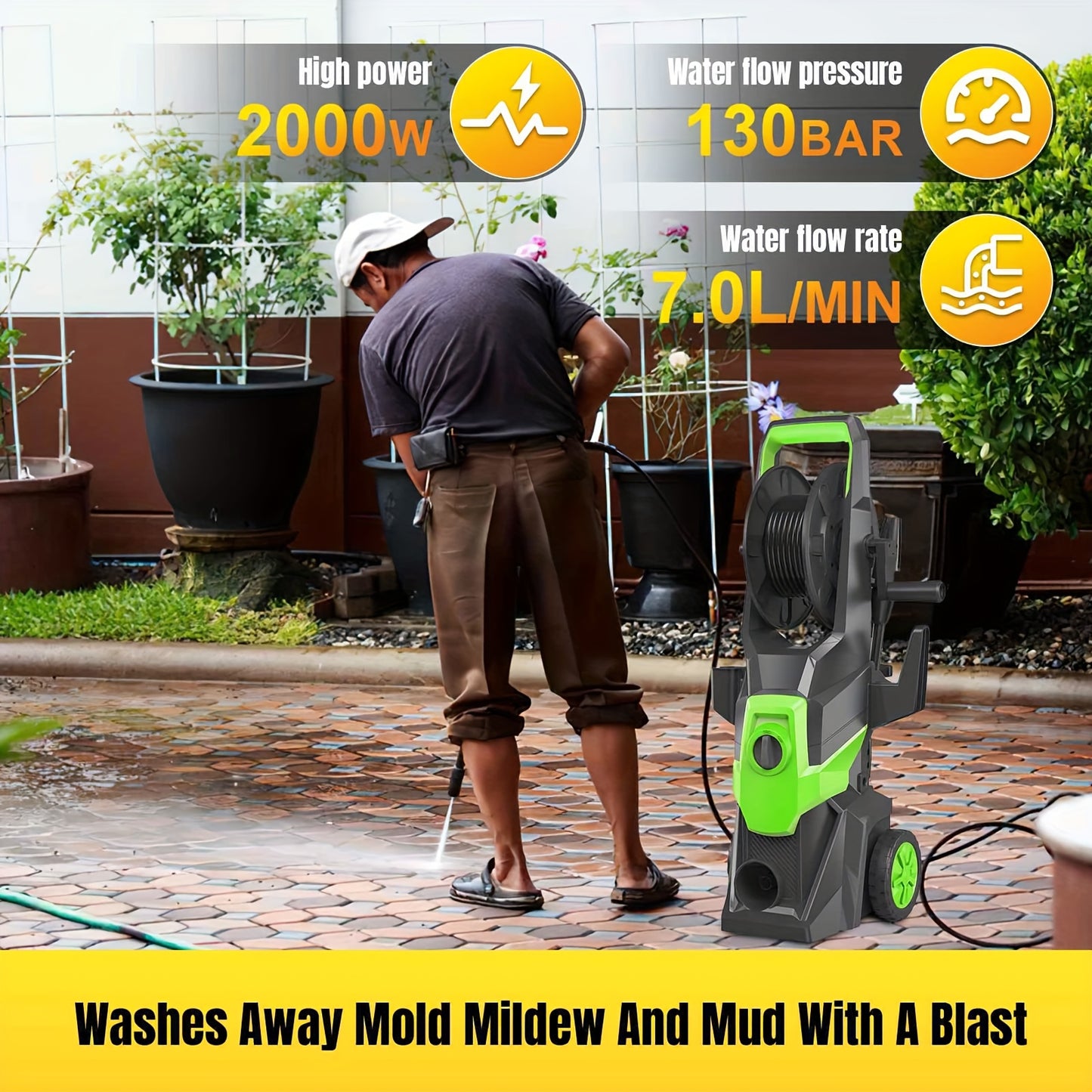 Hogedrukreiniger – Hogedrukspuit – Waterpomp – Terrasreiniger – Accu Cleaner – 1800-2000W Vermogen – 150 Bar Max Druk – 10 Meter Slang – Handzaam & Draagbaar