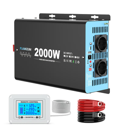 Omvormer – Spanningsomvormer – Stroomomzetter – Inverter – 2000W Pure Sinus – Aluminium Behuizing met Afstandsbediening – EU Stopcontact