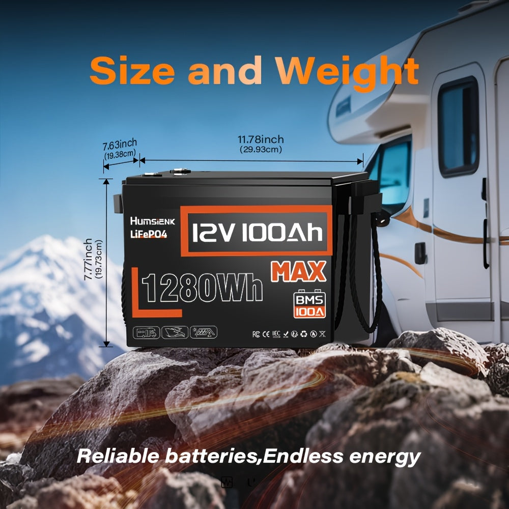12V 100Ah LiFePO4 Accu – Lithium Batterij – Camper Accu – Boot Accu – Energie Accu – Hoge Capaciteit 100Ah – Tot 20.000 Laadcycli