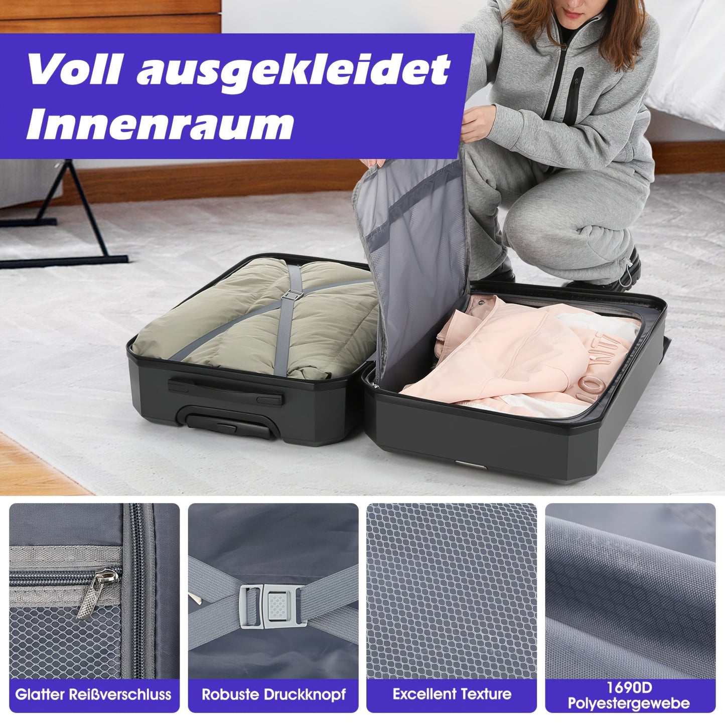 Vierdelige Hardshell Kofferset – Koffer Set – Reiskoffer – Spinner Koffer – Bagage – 360° Draaibare Wielen – TSA Cijferslot – Anthracite