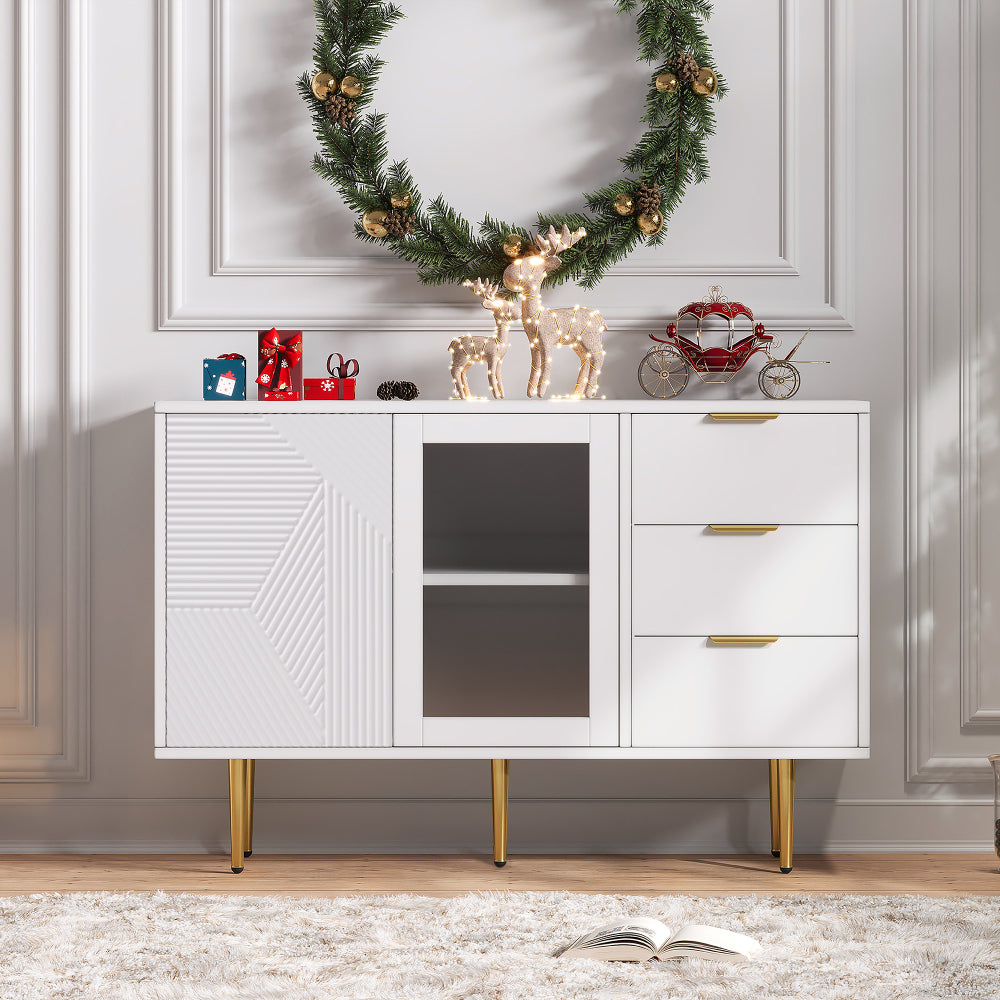 Kast – Dressoir – Opbergkast – Ladekast – Kledingkast – Wit Hoogglans – 3 Lades en 2 Glazen Deuren – Metalen Pootjes – 120x38x79,5 cm